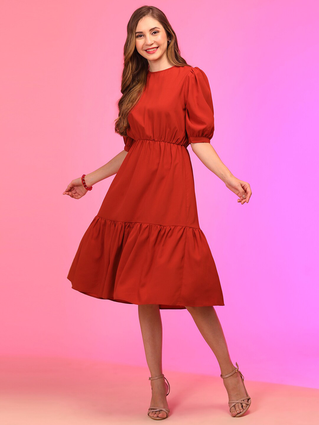 Globus Rust Puff Sleeve Crepe Fit & Flare Midi Dress