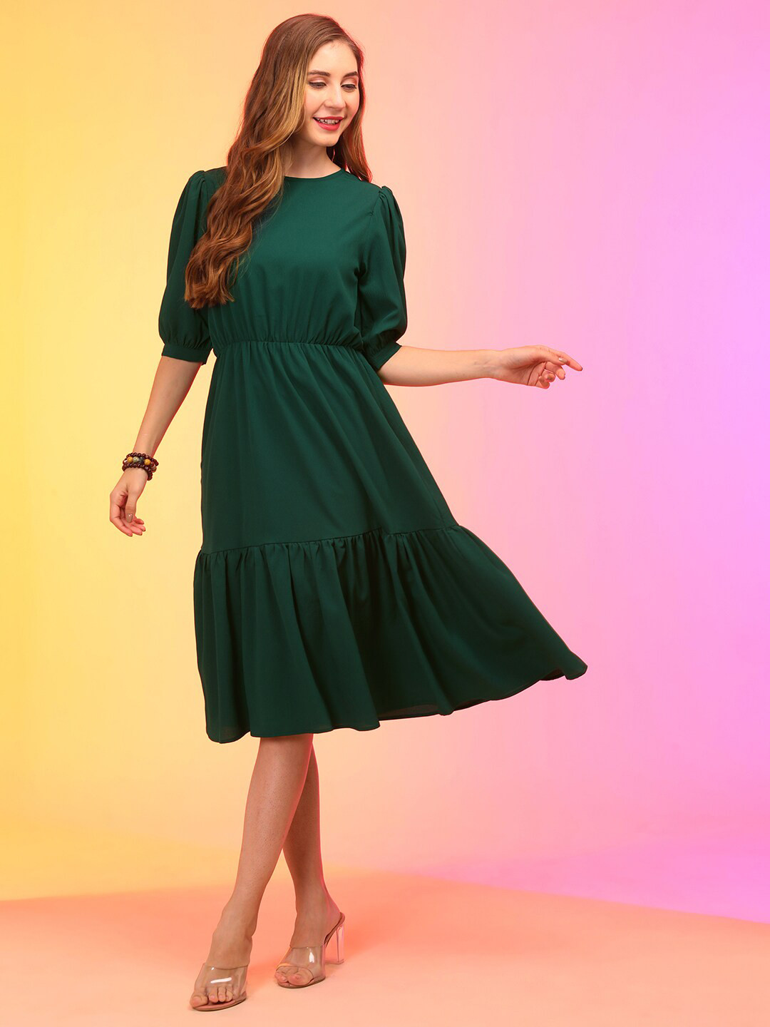 Globus Green Puff Sleeve Fit & Flare Midi Dress