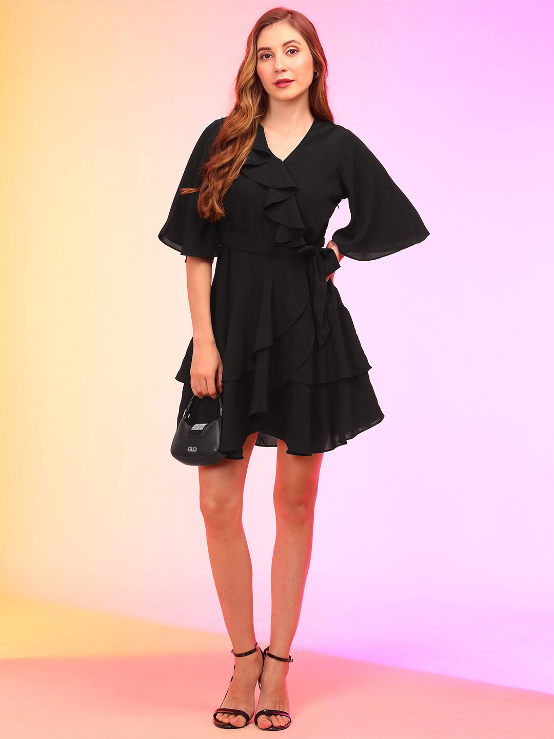 Globus Black Wrap Neck Ruffle Asymmetric Dress