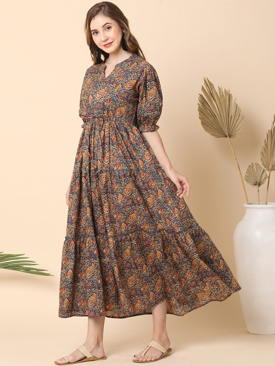 Globus Women Mandarin Collar Puff Sleeves All Over Ethnic Print Fit & Flare Maxi Dress
