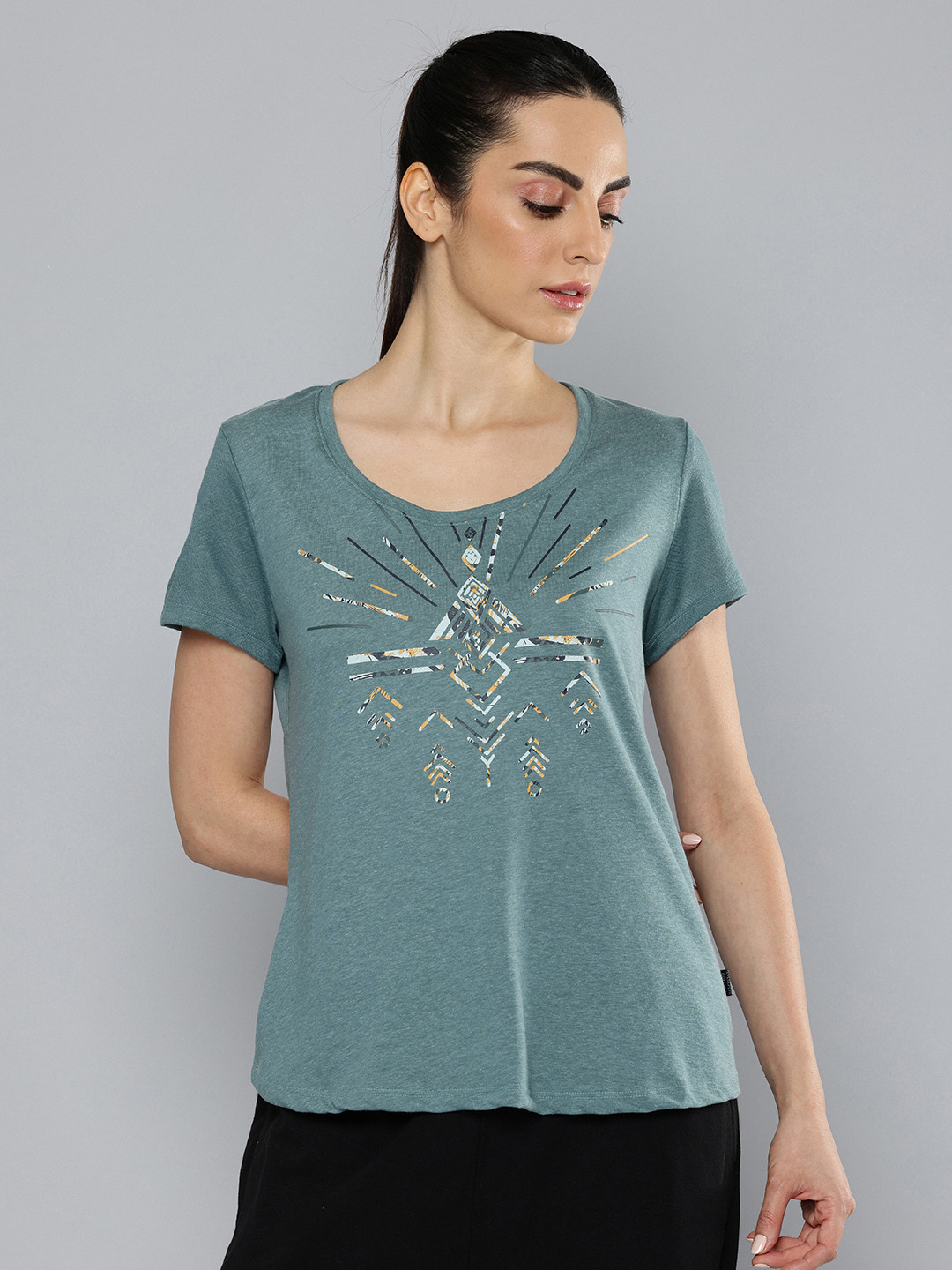 Decathlon QUECHUA - Women Printed Teal Half Sleeve Cotton T-Shirt