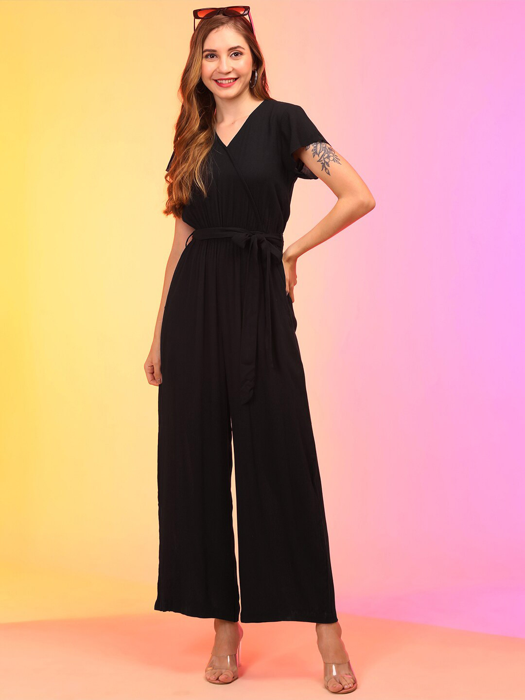 Globus Women Black V-Neck Waist Tie-Ups Jumpsuit with Belt