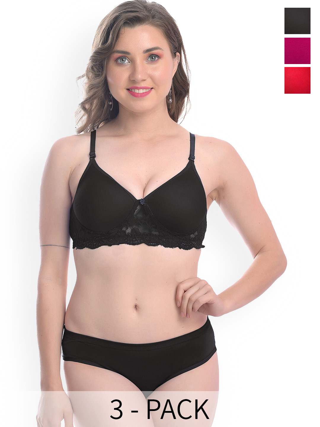 PIBU Pack Of 3 Self-Designed Lace Lingerie Set F_PDCL Set_R,P,Bl