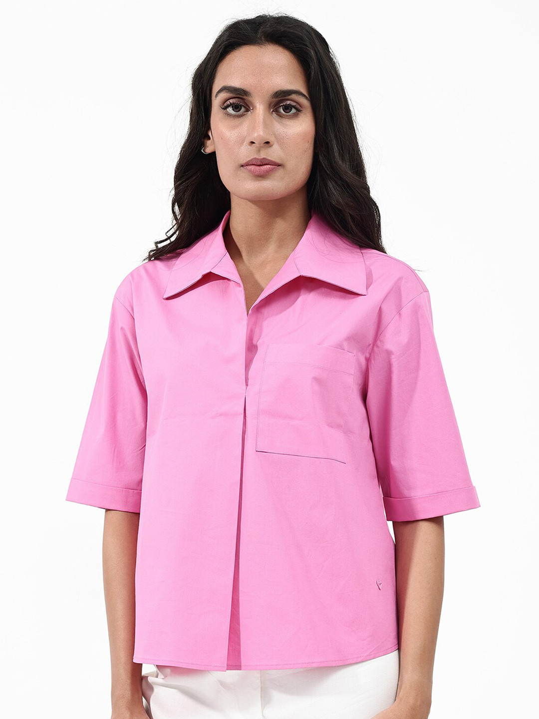 RAREISM Women Pink Regular Plain Half Sleeve Spread Collar Shirt