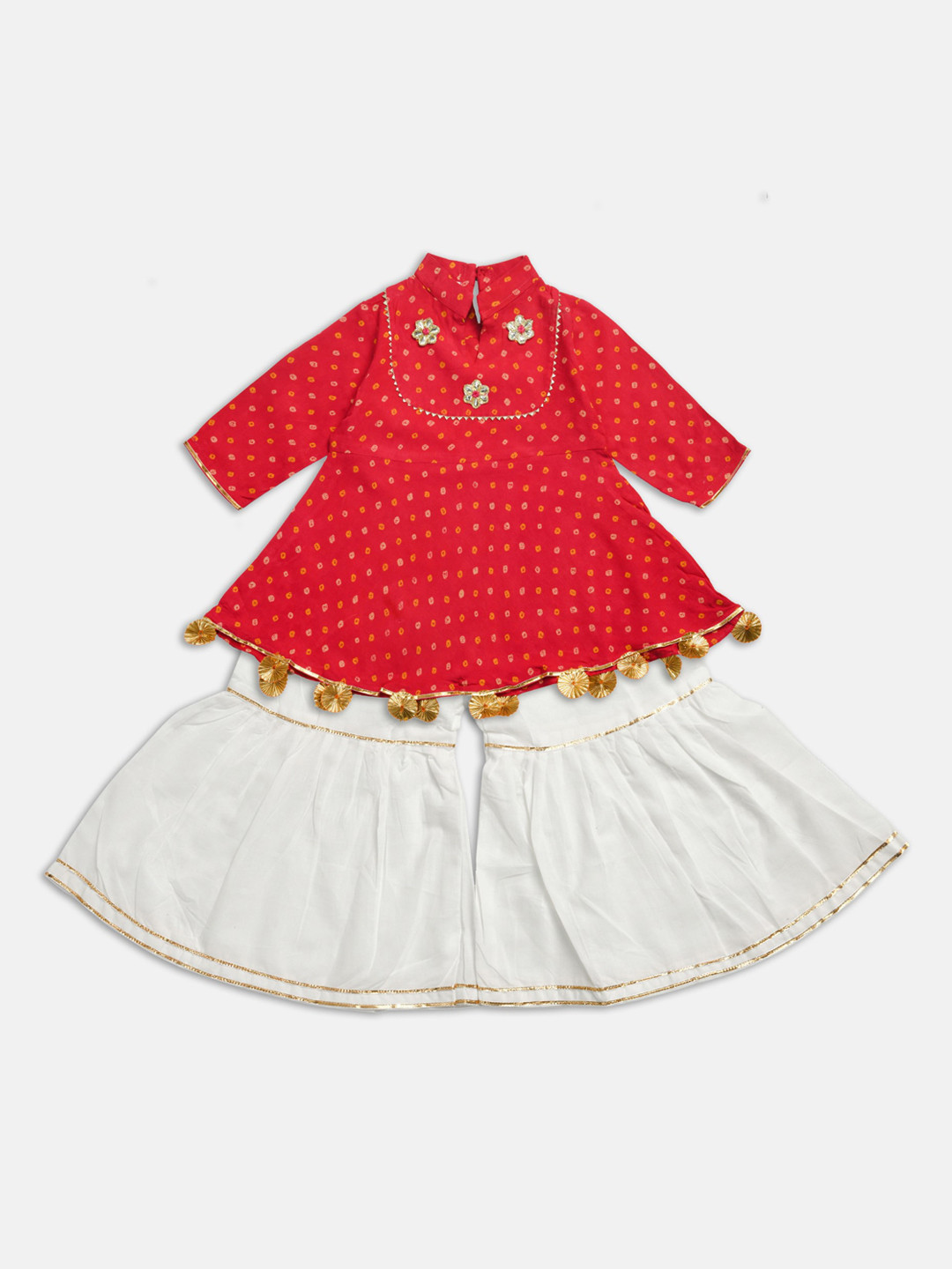 Cute Couture Girls Bandhani Printed Empire Gotta Patti Kurta with Sharara