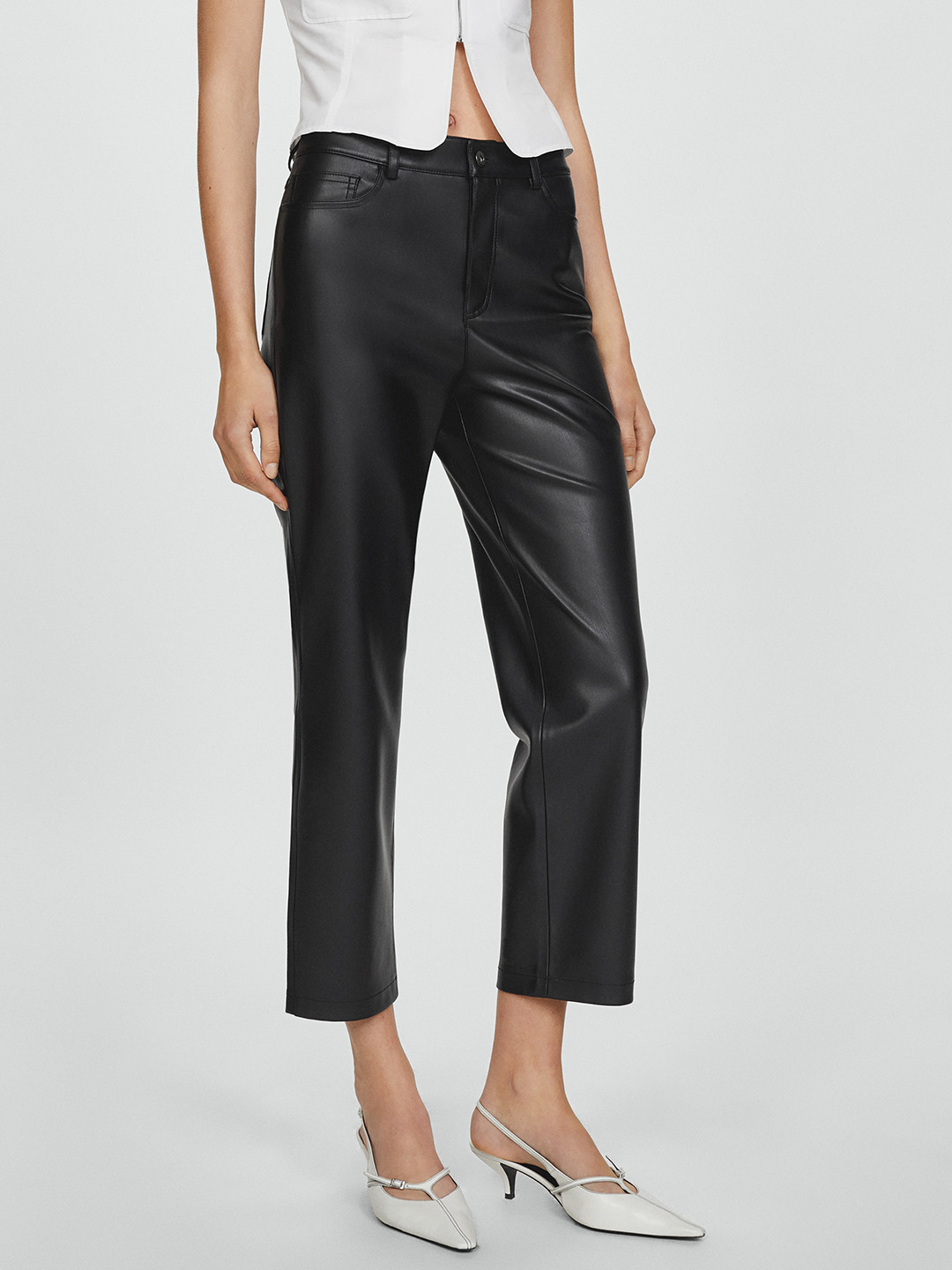 MANGO Women Faux Leather Cropped Trousers