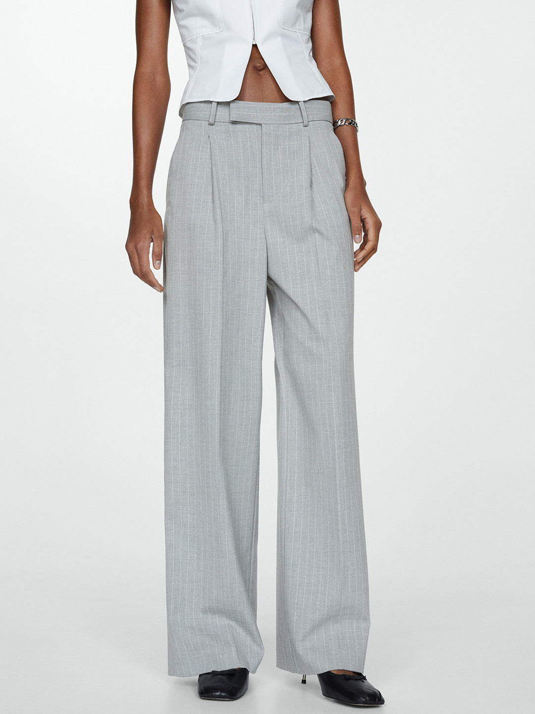 MANGO Women Pinstriped Pleated Wide Leg Trousers