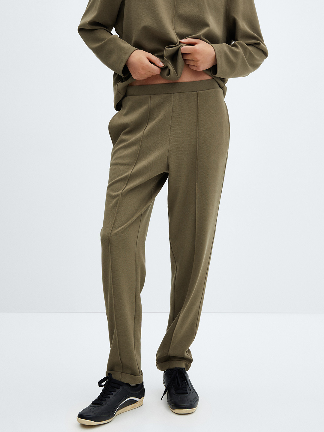 MANGO Women Pique High-Rise Seam Trousers