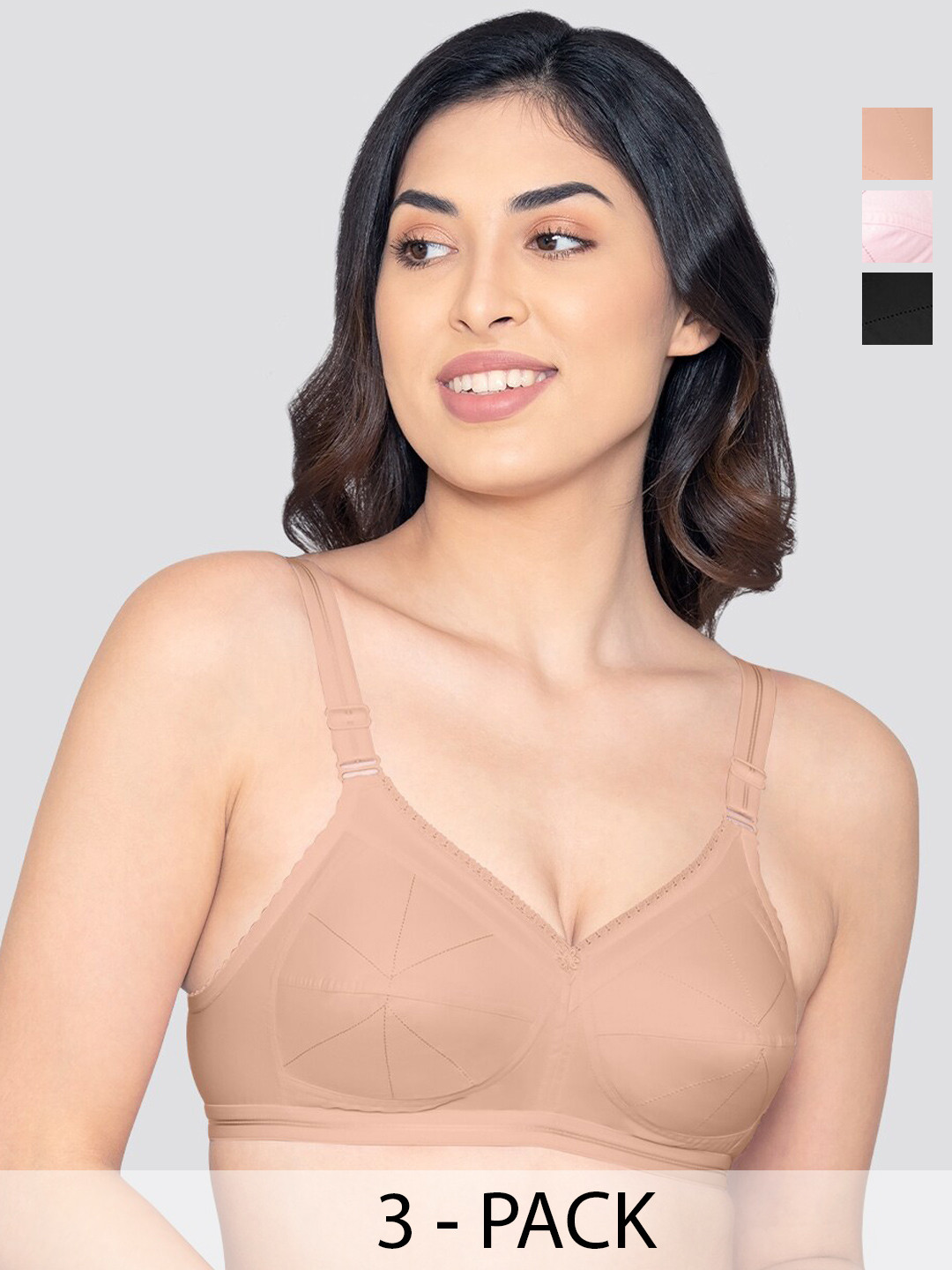 Kalyani Damini Pack of 3 Full Coverage Everyday Bra FWN-BPNK-BLK