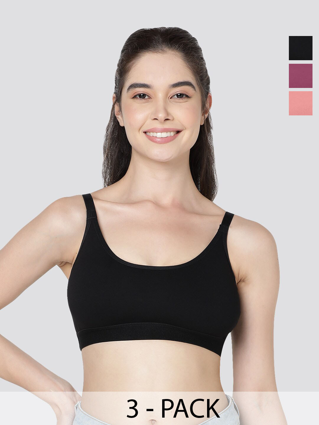 Kalyani Cathy Pack of 3 Double Layered Seamless Slip On Bra BLK-BRGD-ON