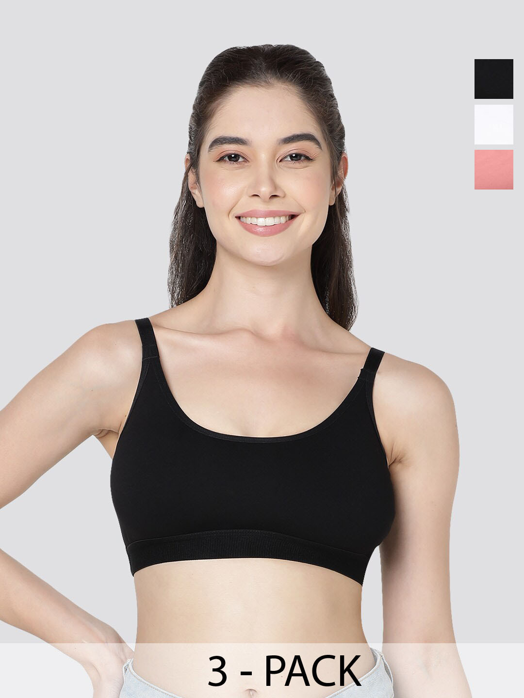 Kalyani Cathy Pack of 3 Double Layered Seamless Slip On Bra BLK-WHT-ON