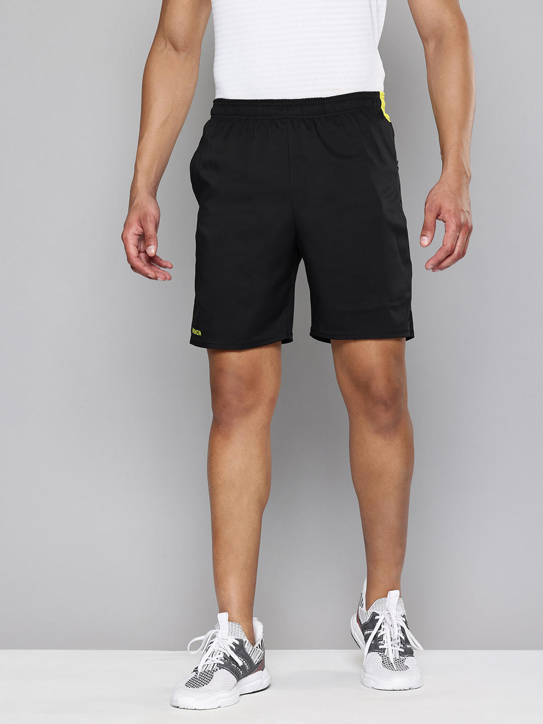 Decathlon Men Black Yellow Two Pockets With One Zip Breathable Elastane Shorts