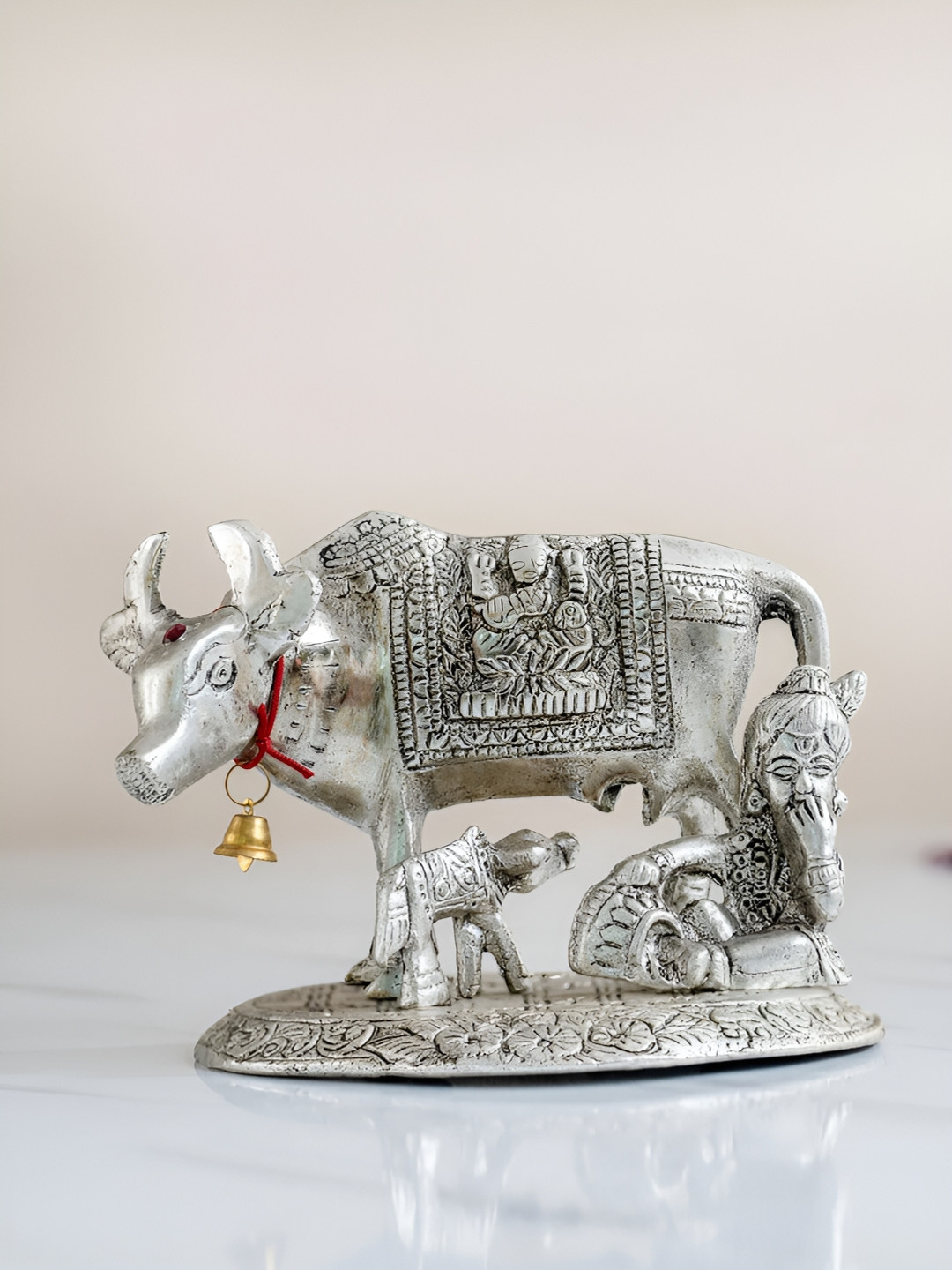 DecorTwist Kamdhenu Cow and Calf with Krishna Grey Metal Metallic Living Room Small Showpiece -