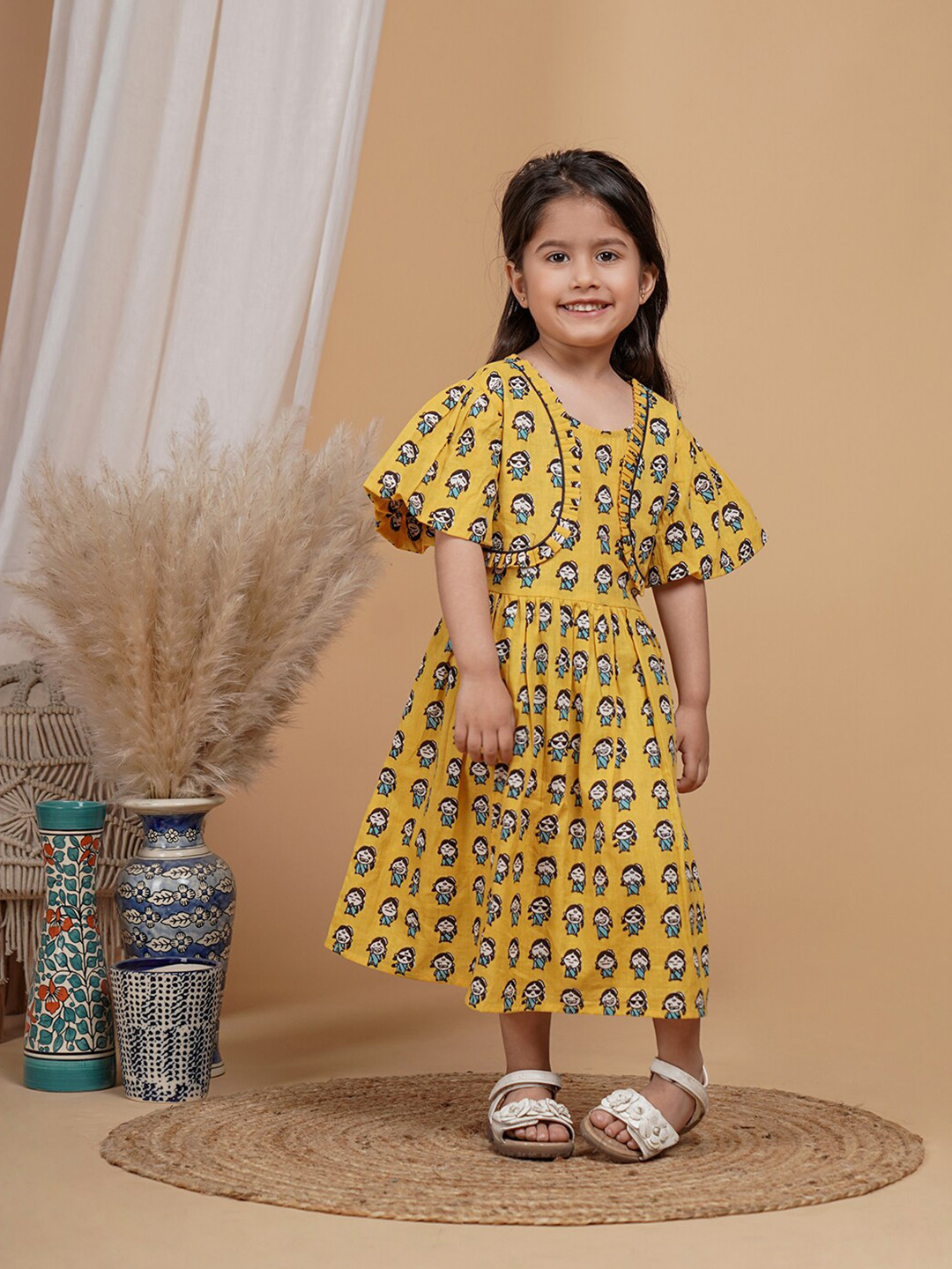 UNBIND Girls Floral Print Flared Sleeve Fit & Flare Midi Dress