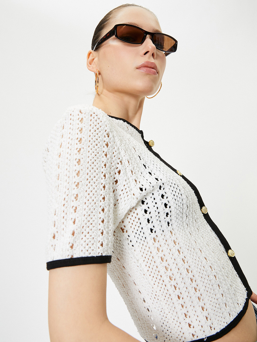 Koton Self Design Short Round Neck Sleeves Casual Top