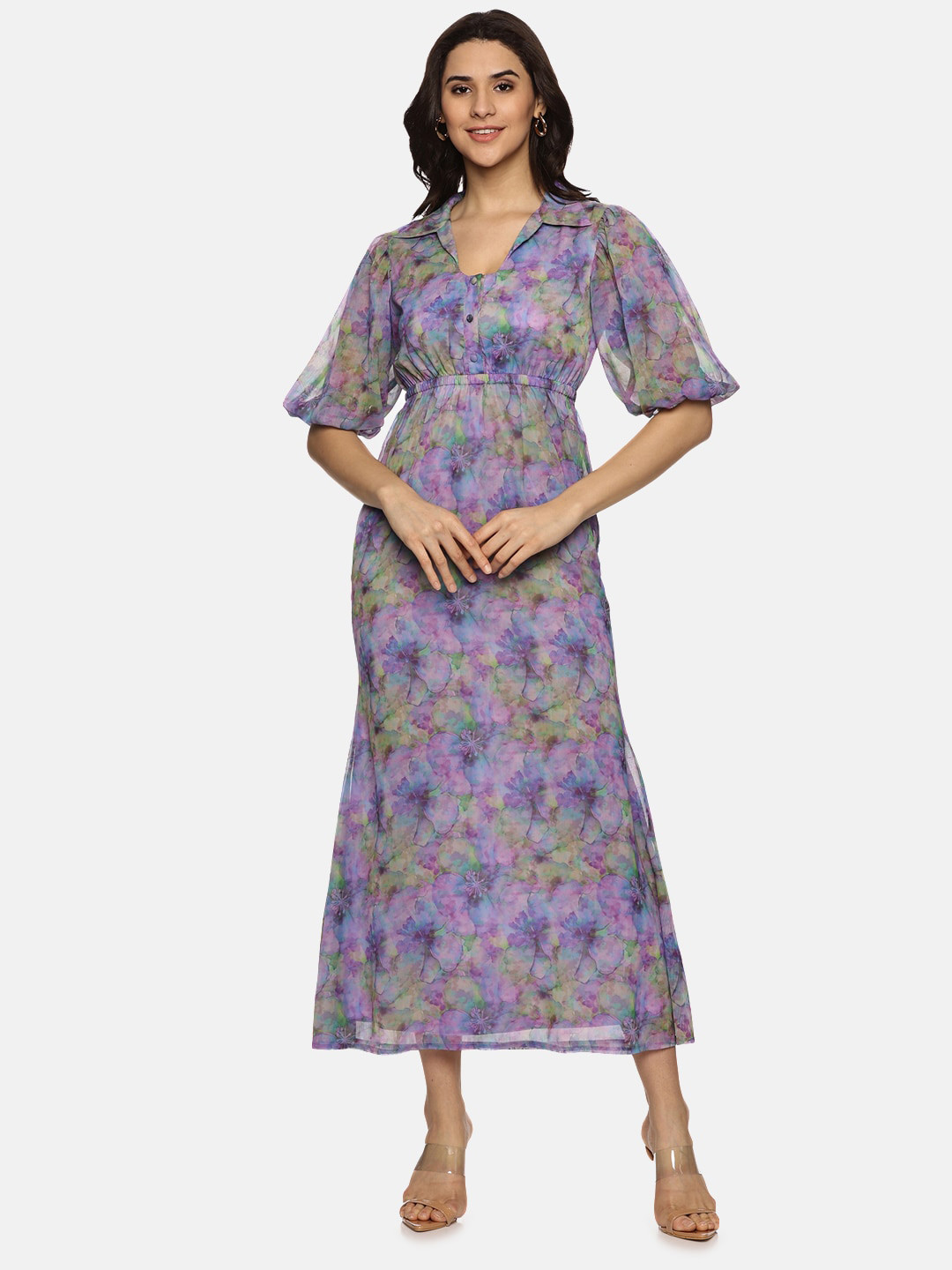 ISU Floral Printed Flared Sleevees Chiffon A-Line Maxi Dress