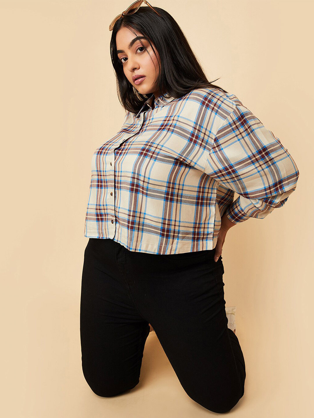 max Plus Size Tartan Checked Spread Collar Long Sleeves Cotton Crop Casual Shirt