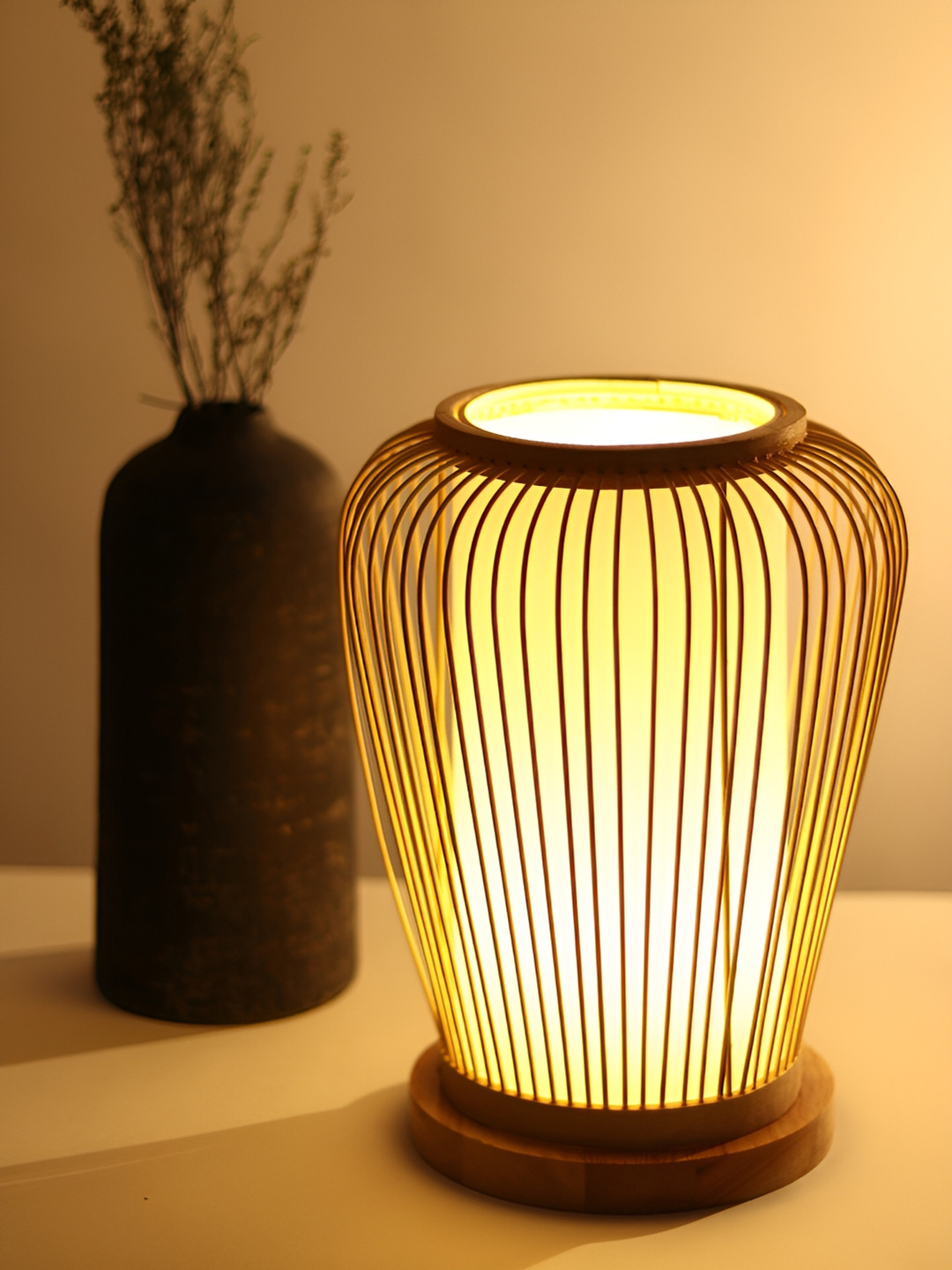 HABERE INDIA Brown Wood Cylindrical Shaped Table Lamp with Adjustable Cord and Bulb