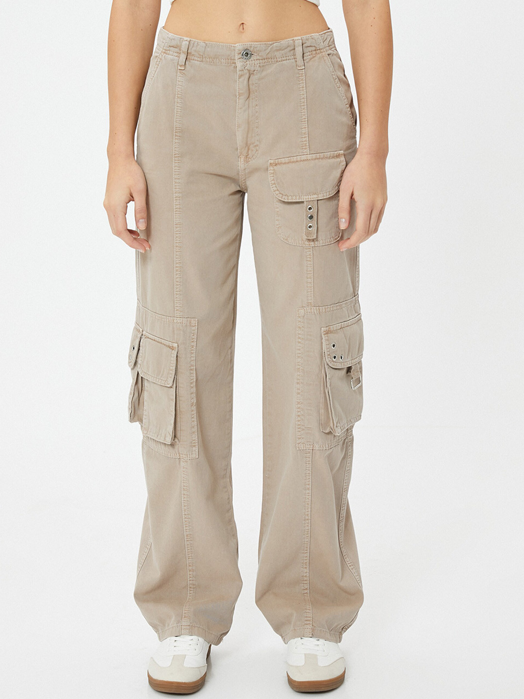 Koton Women Straight Fit Mid-Rise Clean Look Cargo Style Cotton Jeans