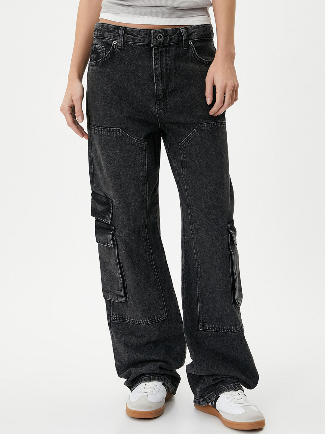 Koton Women Straight Fit Mid-Rise Clean Look Cargo Style Cotton Jeans