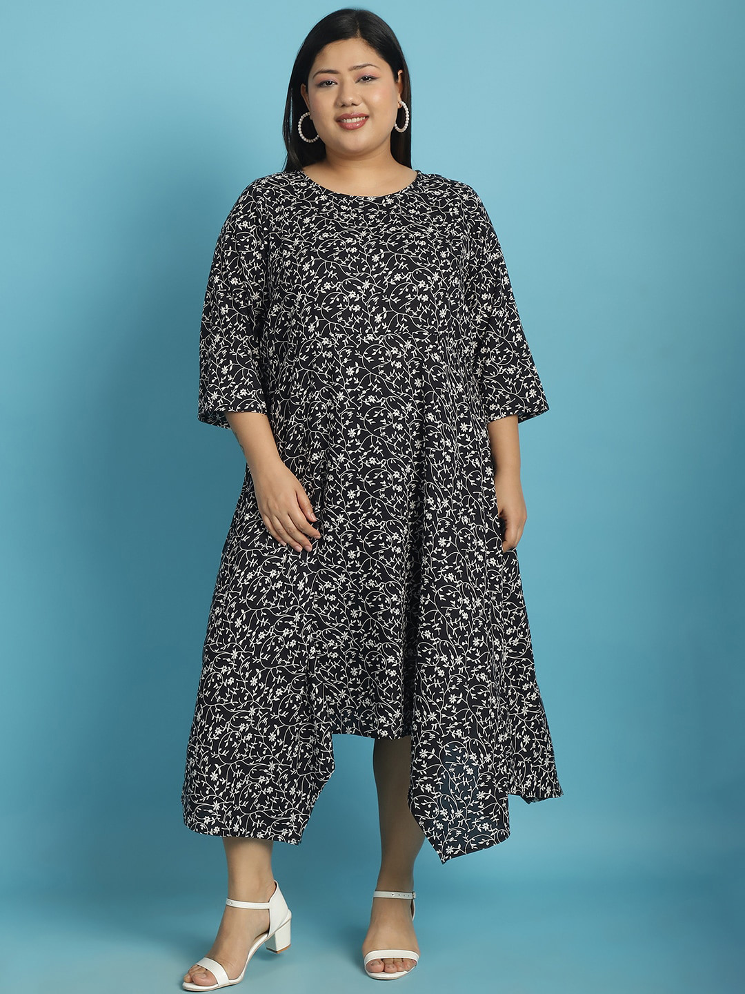 theRebelinme Floral Print Plus Size A-Line Midi Dress