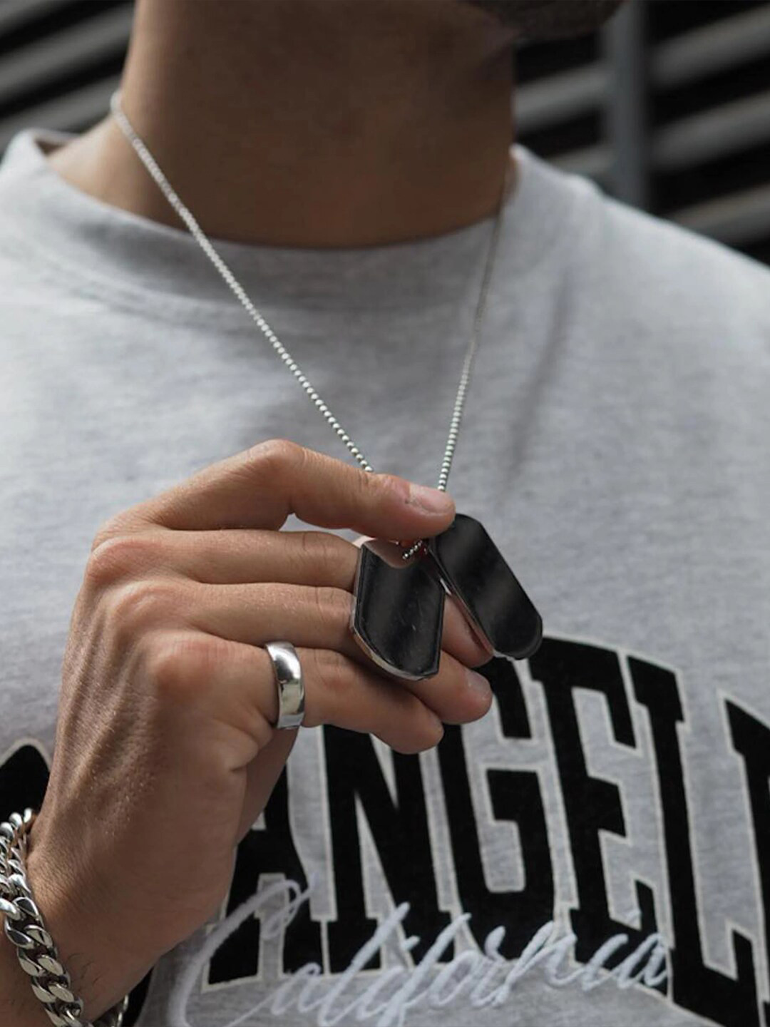 Krelin Men Silver-Plated Tag-Charm Pendant With Chain