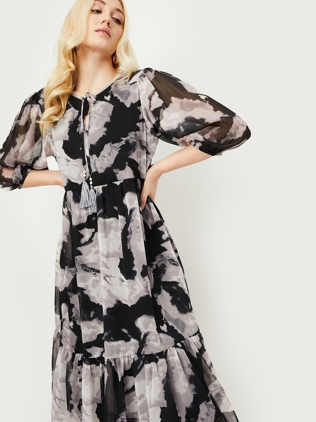 max Tie Up Neck Print Puff Sleeve Maxi Midi Dress