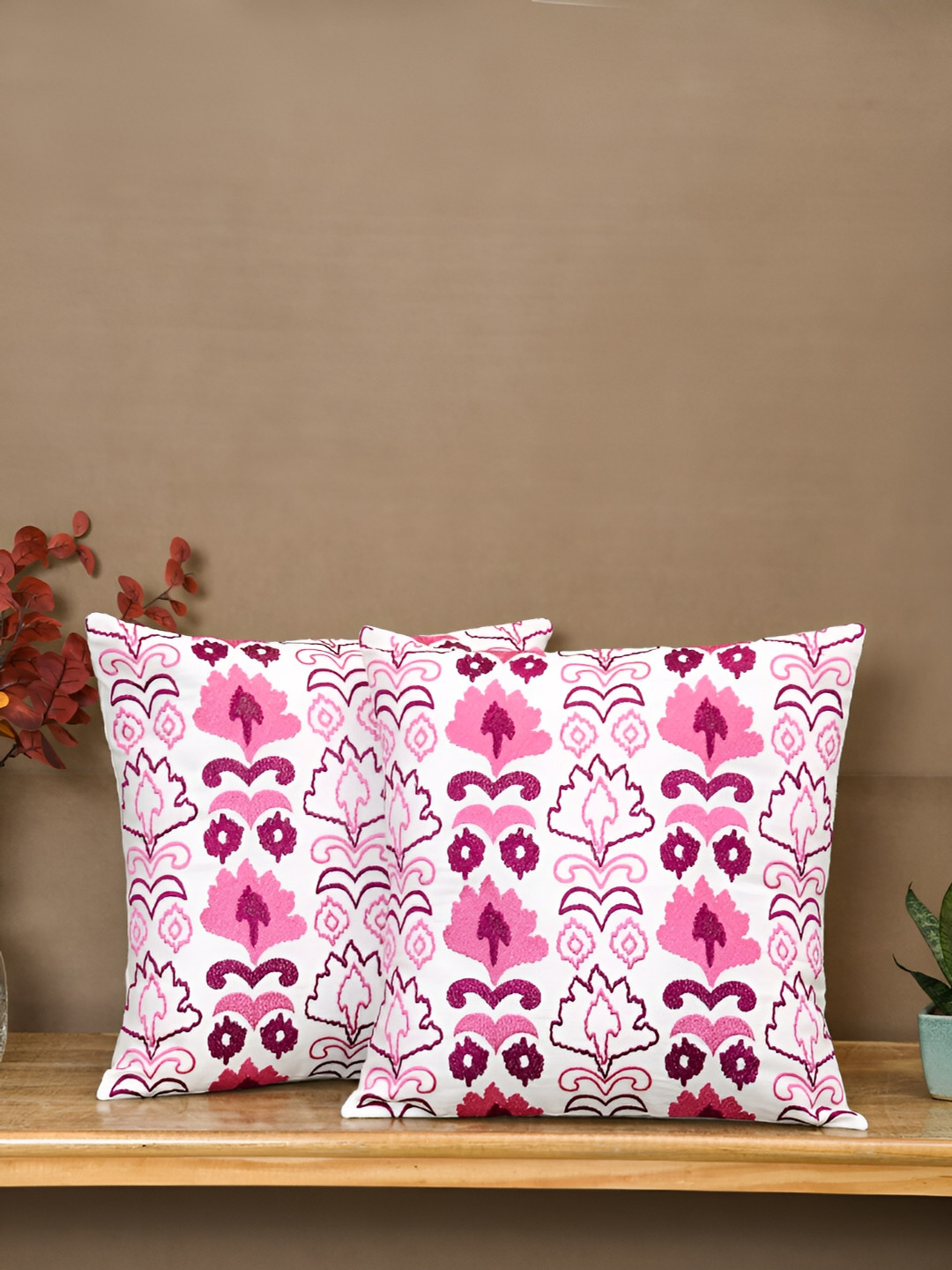 Ratan Cart Embroidery Off White Embroidered Cotton 2 Pcs Square Cushion Covers -16x16In
