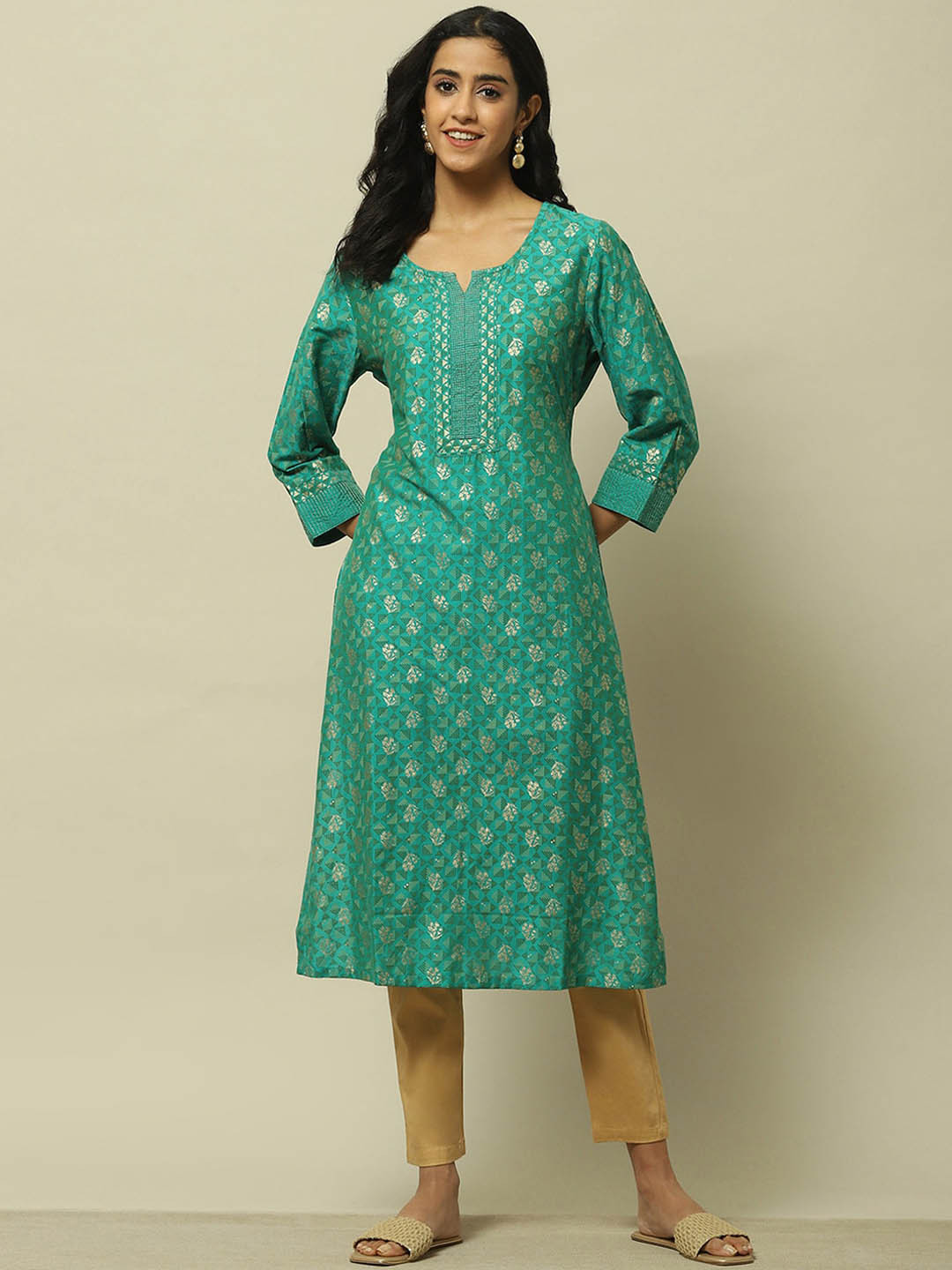 Rangriti Ethnic Motifs Printed Notch Neck Straight Kurta