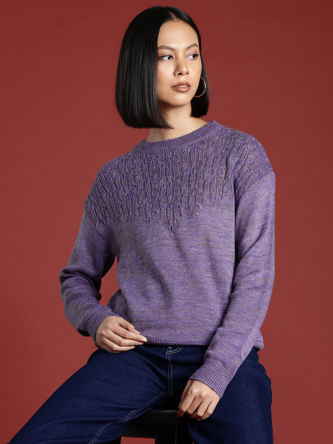 all about you Acrylic Round Neck Self Design Pullover