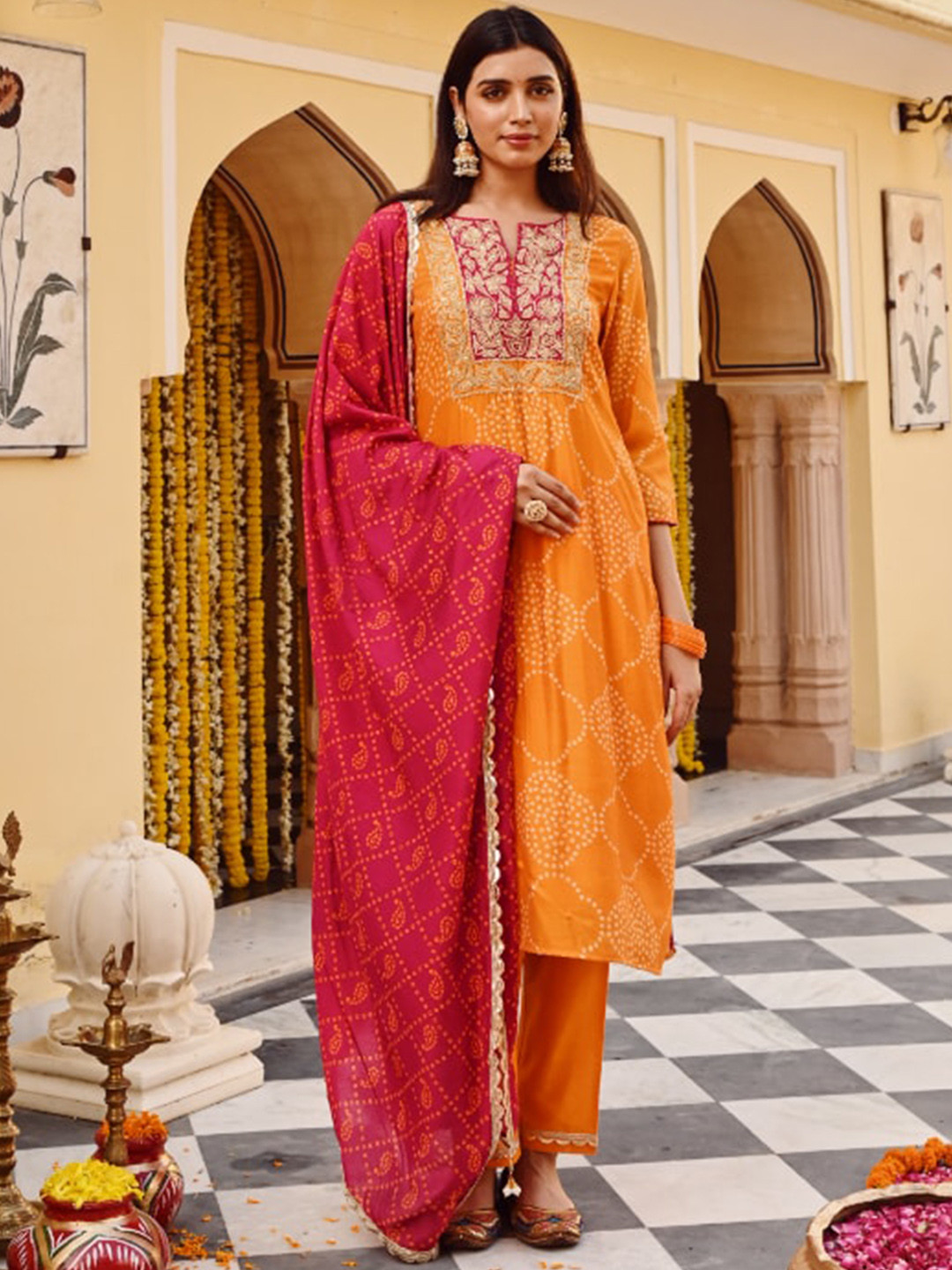 SAVI Yellow Chanderi Bandhani Print Zari Work Straight Kurta Pant Dupatta Set