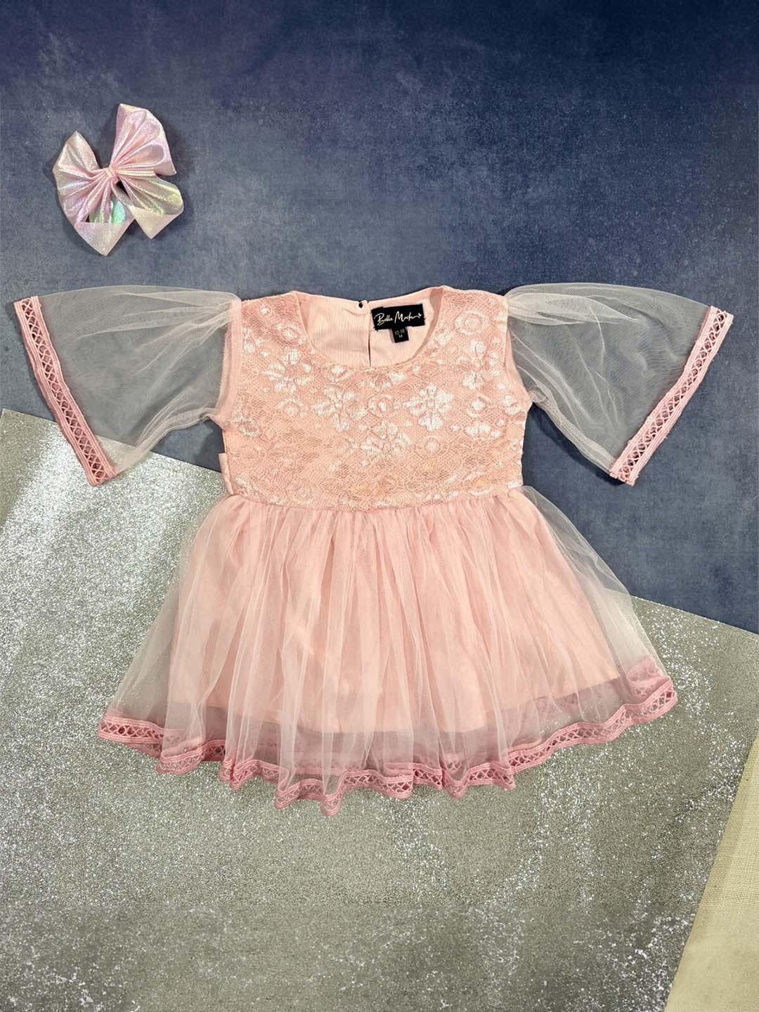 Bella Moda Girls Self Design Satin Round Neck Bell Sleeves Fit & Flare Casual Dress