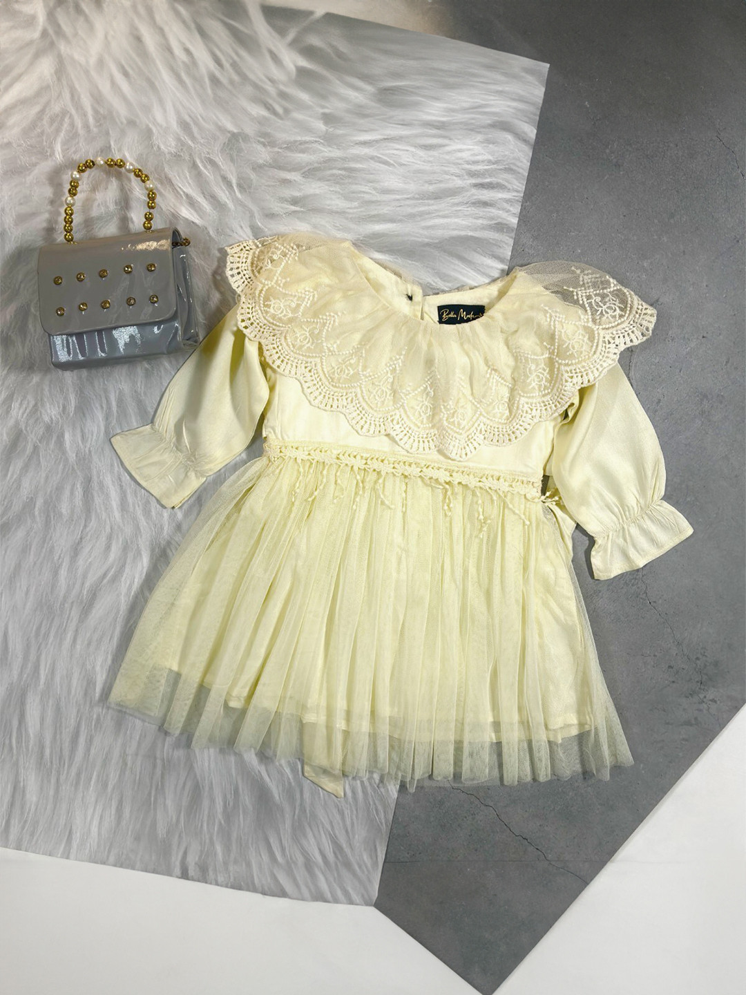 Bella Moda Girls Self Design Satin Round Neck Long Sleeves Fit & Flare Casual Dress