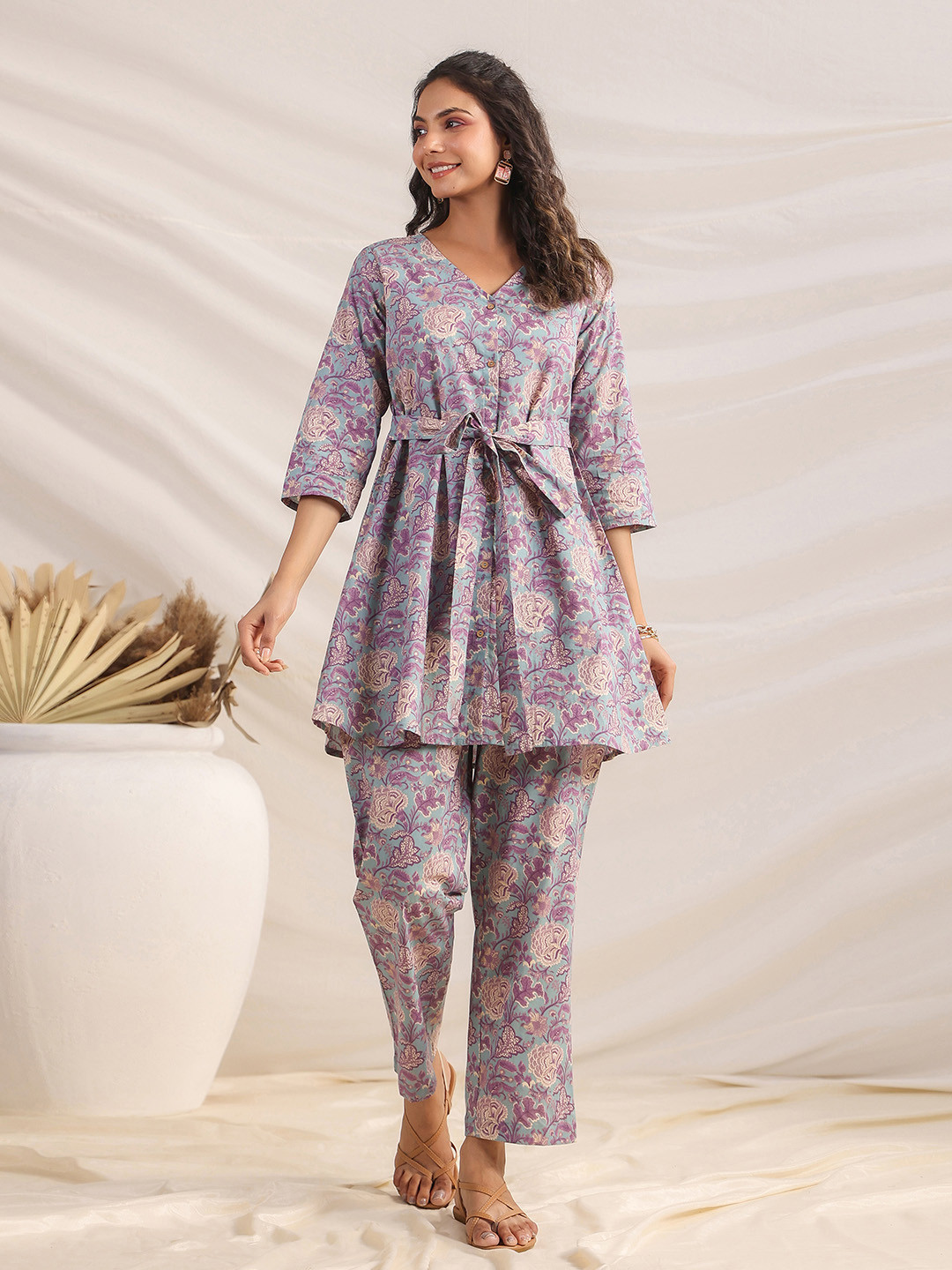Janasya Grey Printed Pure Cotton V-Neck Top & Trouser Co-ord Set