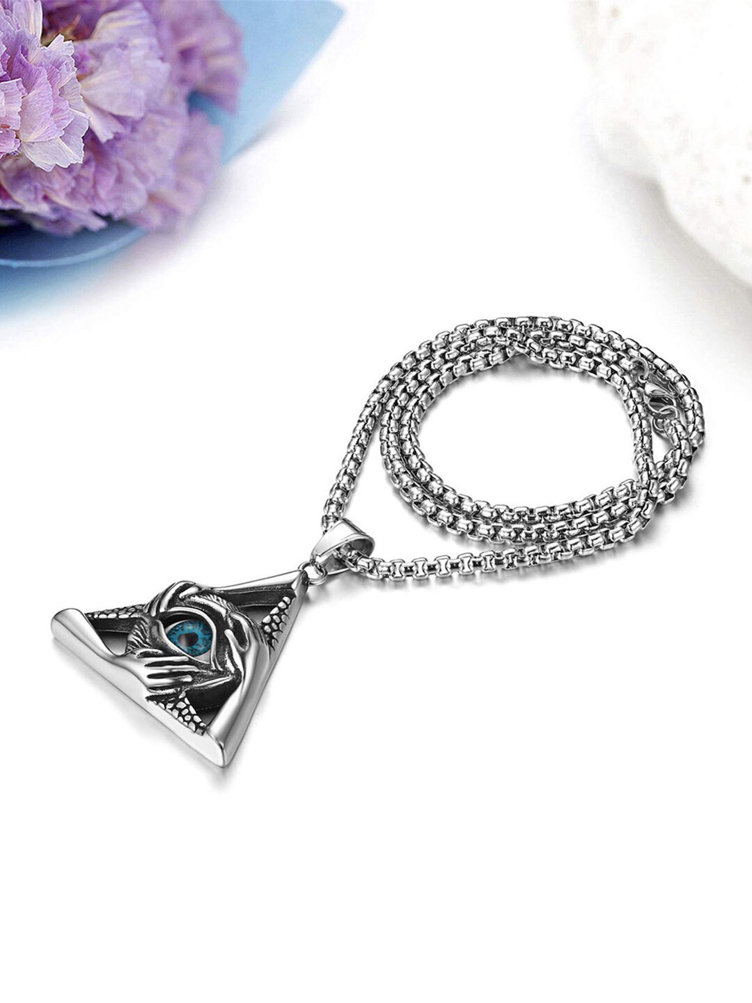 Krelin Men Silver-Plated Evil Eye Protection Hands Triangle Pendant With Chain