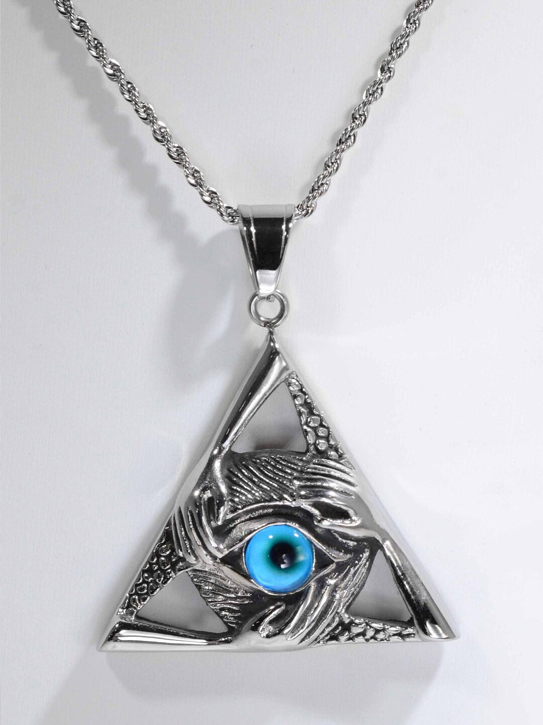Krelin Men Silver-Plated Evil Eye Protection Hands Triangle Pendant With Chain