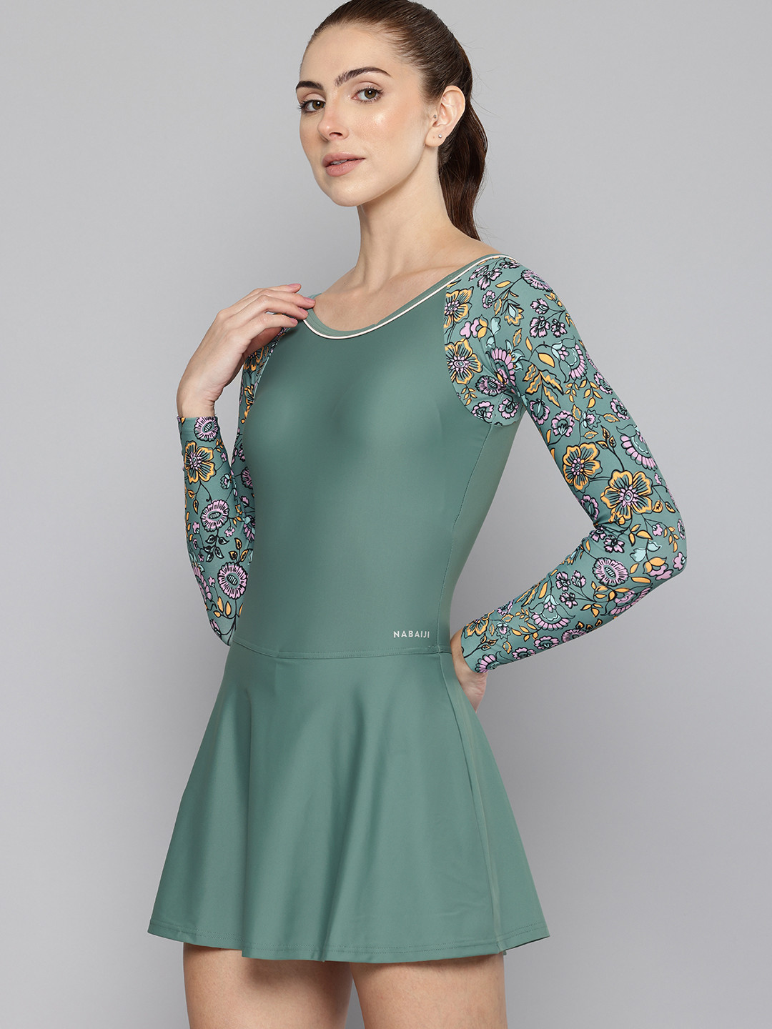 Decathlon NABAIJI - Womens Green Printed One-Piece Full-Sleeve Swimsuit With Shorts