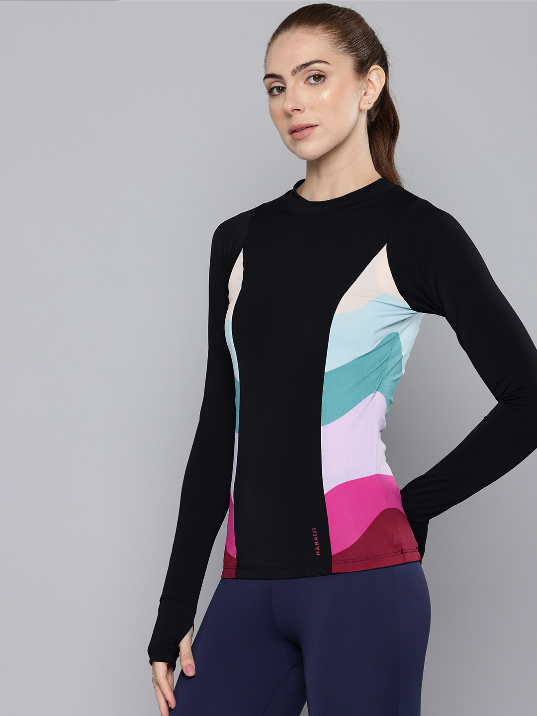 Decathlon NABAIJI - Womens Black Printed Full-Sleeve Swimming Tops With Supports