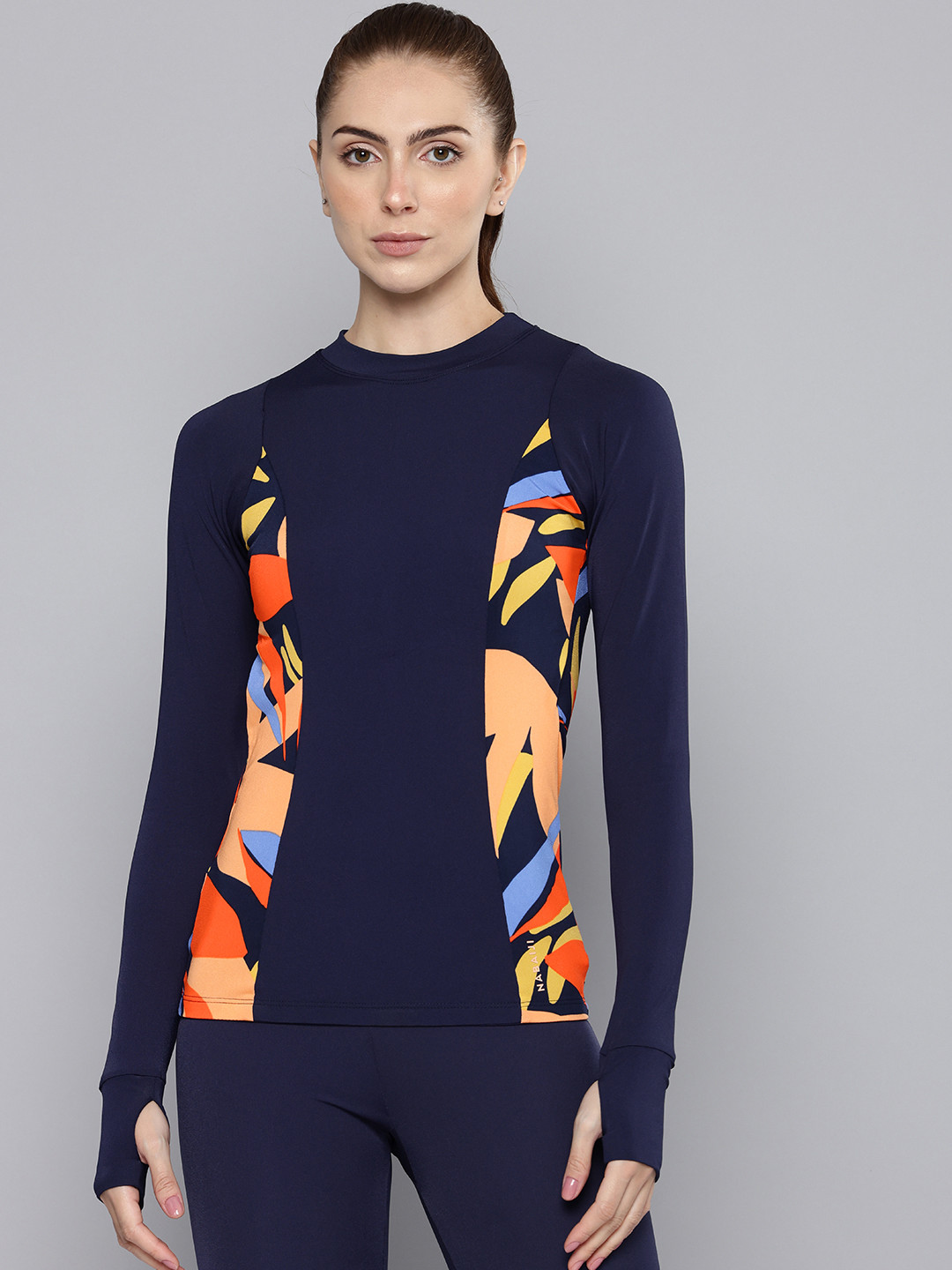 Decathlon  Womens Navy Blue Printed Full-Sleeve Swimming Tops With Supports