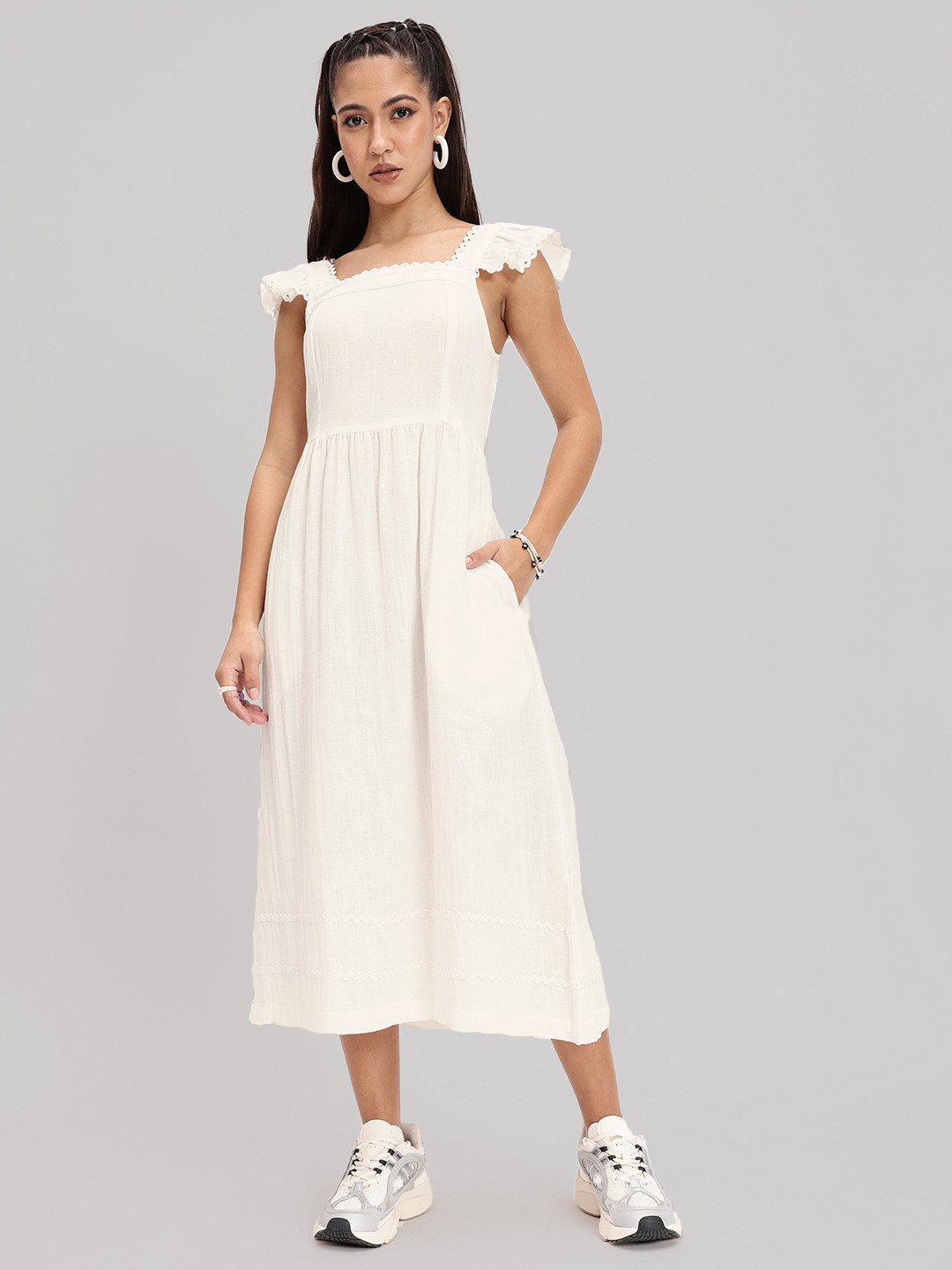 DressBerry Cap Sleeves Gathered A-line Midi Dress