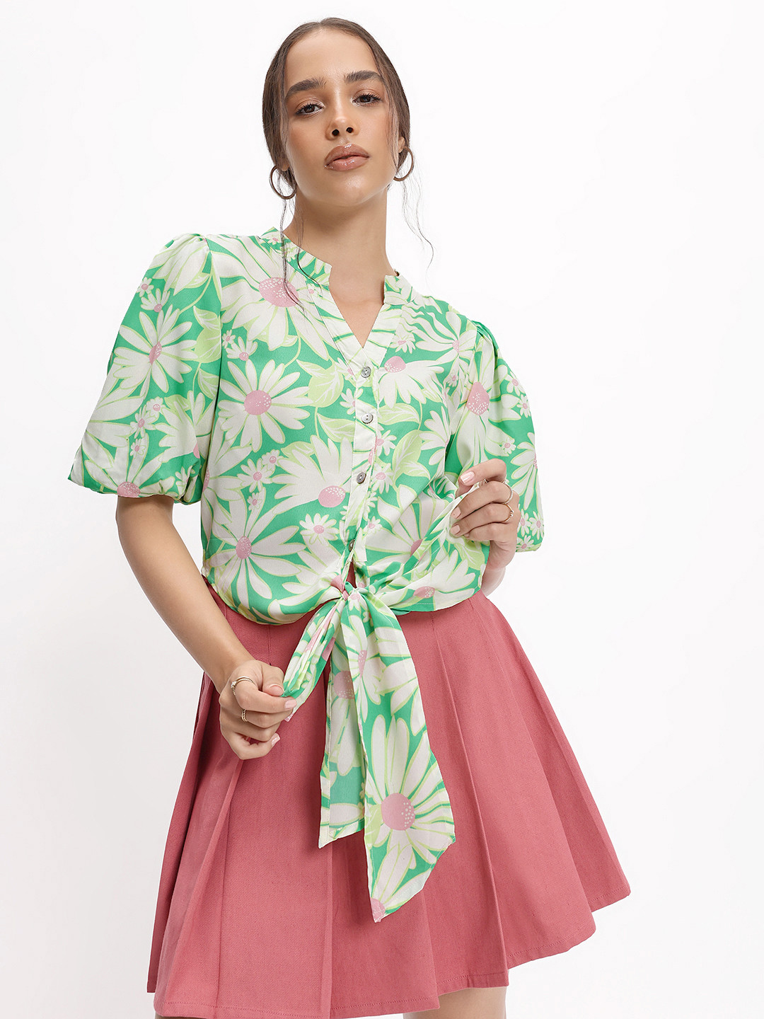 DressBerry  Floral Knotted Shirt Style Top