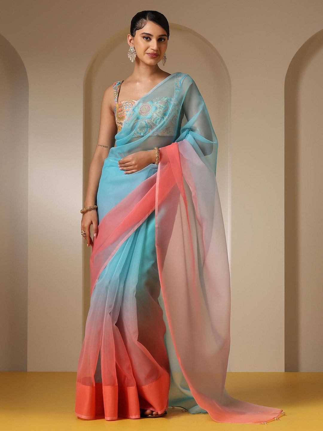 Swtantra Ombre Beads and Stones Organza Saree