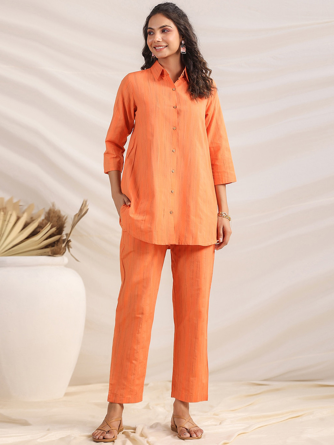 KALINI Janasya Women's Orange Cotton Blend Striped Shirt Style Co-ord Set