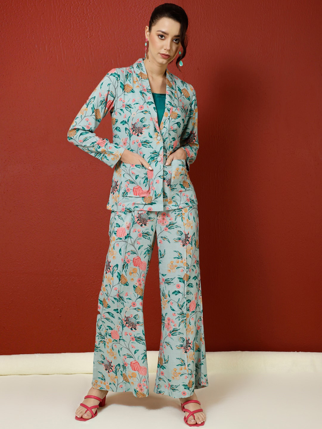 Jaipur Kurti Tropical Printed Jacket And Palazzo With Solid Crop Top