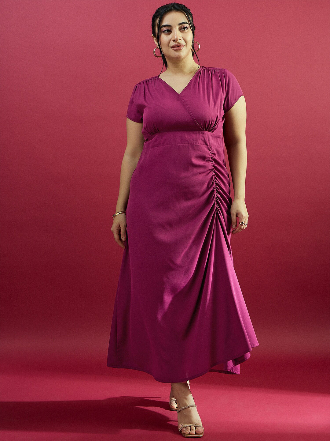 CURVE BY KASSUALLY Plus Size Maroon V-Neck Crepe Empire Ruched Maxi Dress