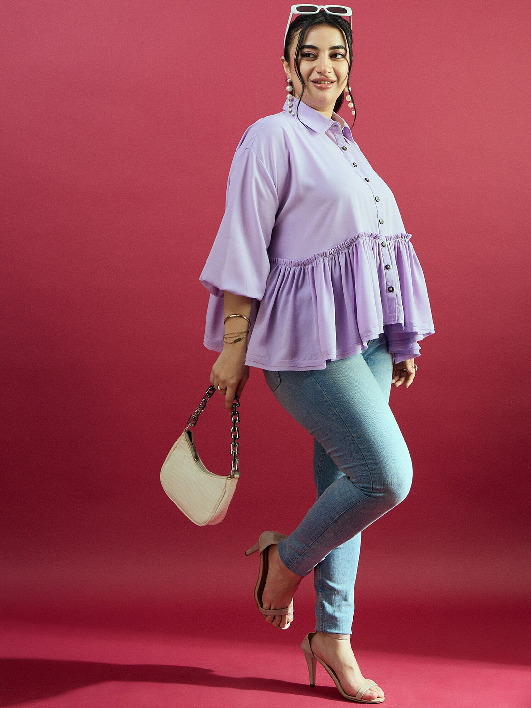 CURVE BY KASSUALLY Comfort Striped Spread Collar Three-Quarter Sleeves Casual Shirt