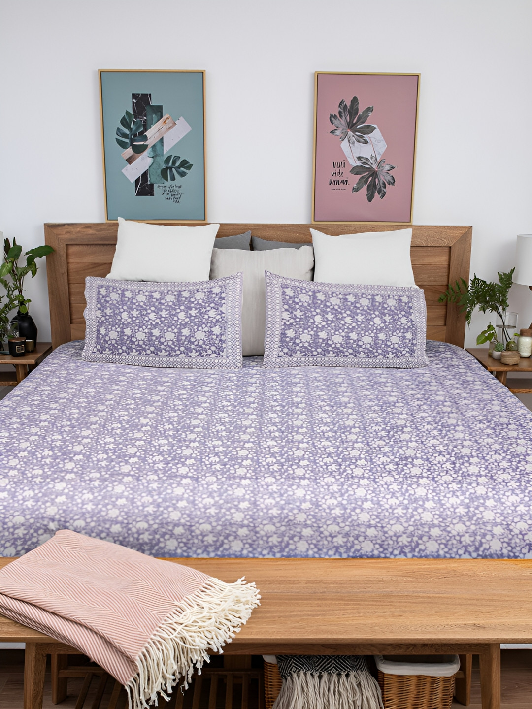 Baarno Blue & Grey Floral 220 TC King Bedsheet with 2 Pillow Covers