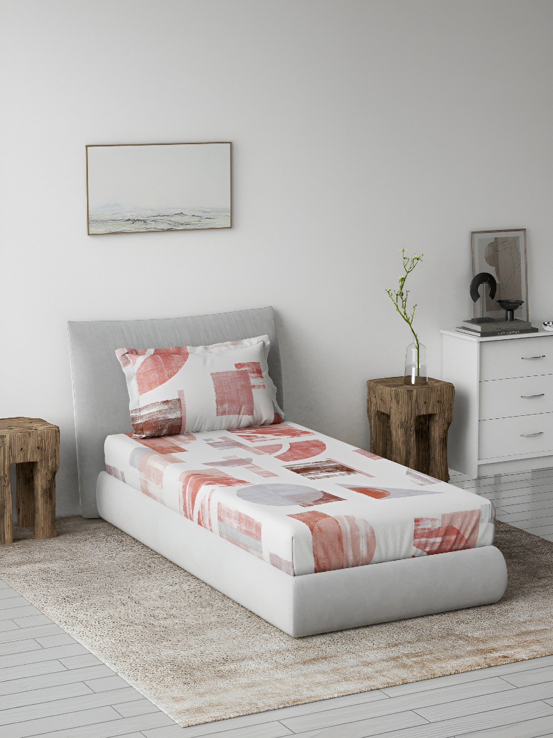 DDecor Live Beautiful Red Geometric Cotton 144 TC Fitted Single Bedsheet with a Pillow Cover-60 x 88 inches
