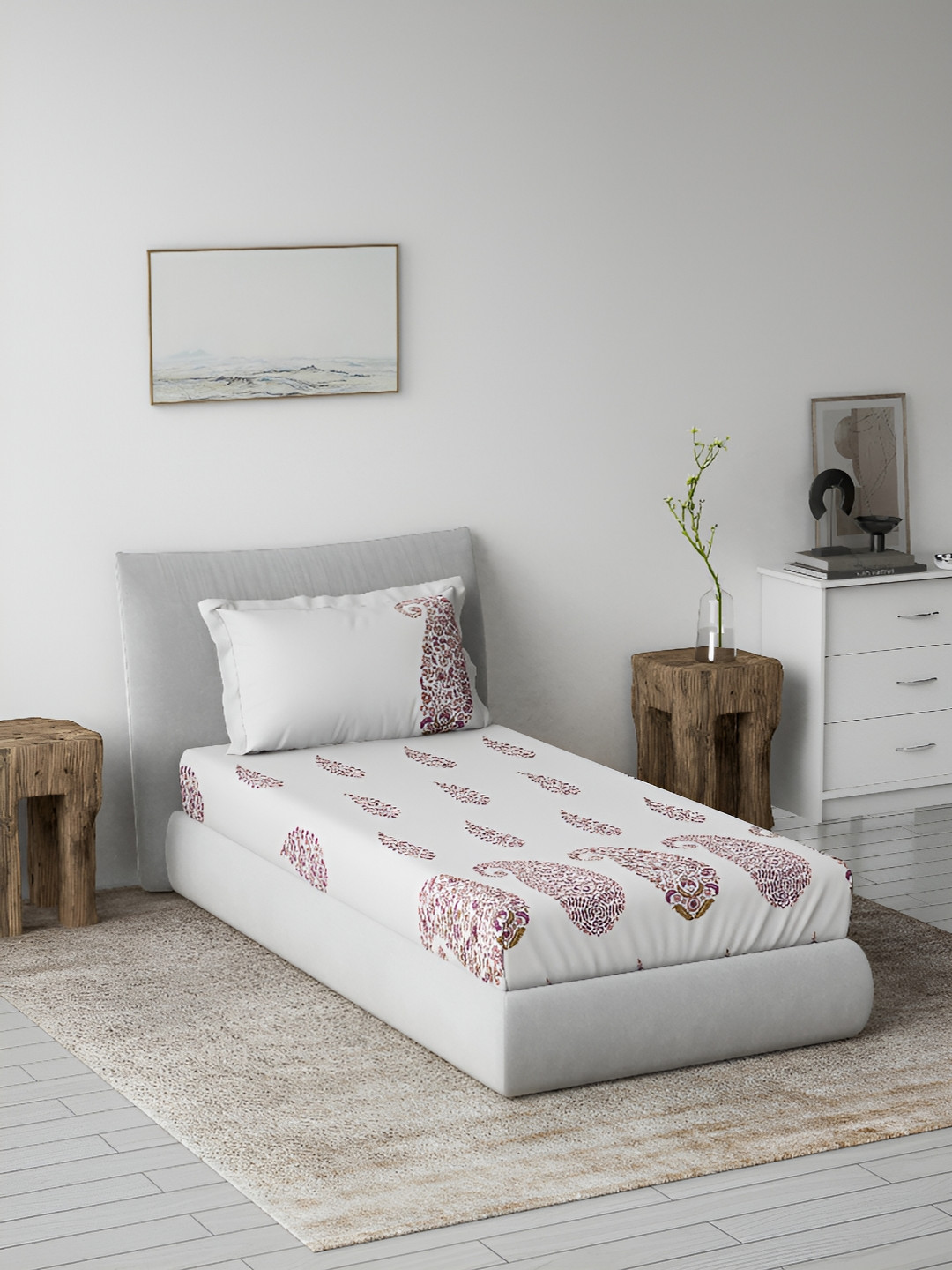 DDecor Burgundy Paisley Cotton 144 TC Single Bedsheet with a Pillow Cover-190 x 122 cm