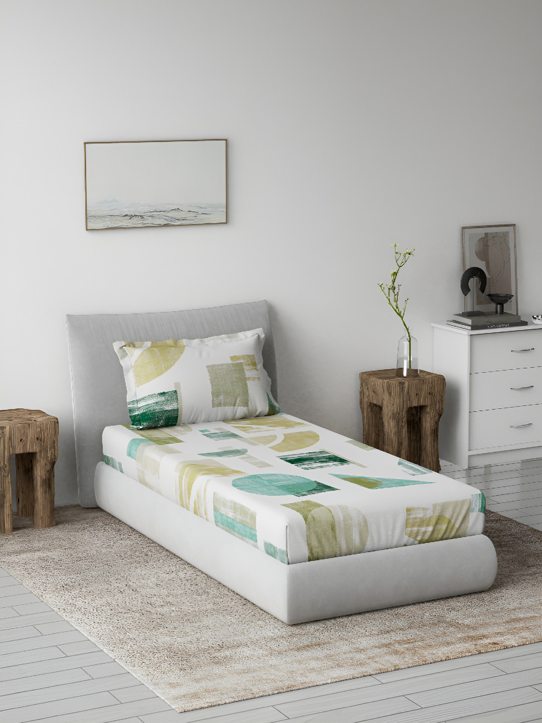 DDecor Live Beautiful Green Geometric Cotton 144 TC Single Bedsheet with a Pillow Cover-88 x 60 inches